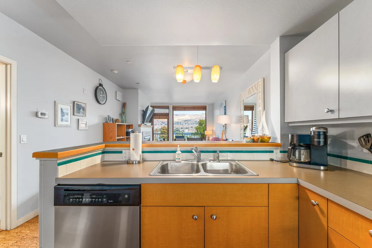 Kitchen counter with stainless steel double sink and dishwasher looking into the living room and outdoor view.