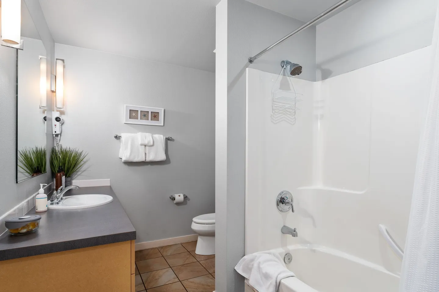 Bathroom showing a vanity with an undermount sink on the left, a toilet in the background, and a white bathtub-shower combo on the right.