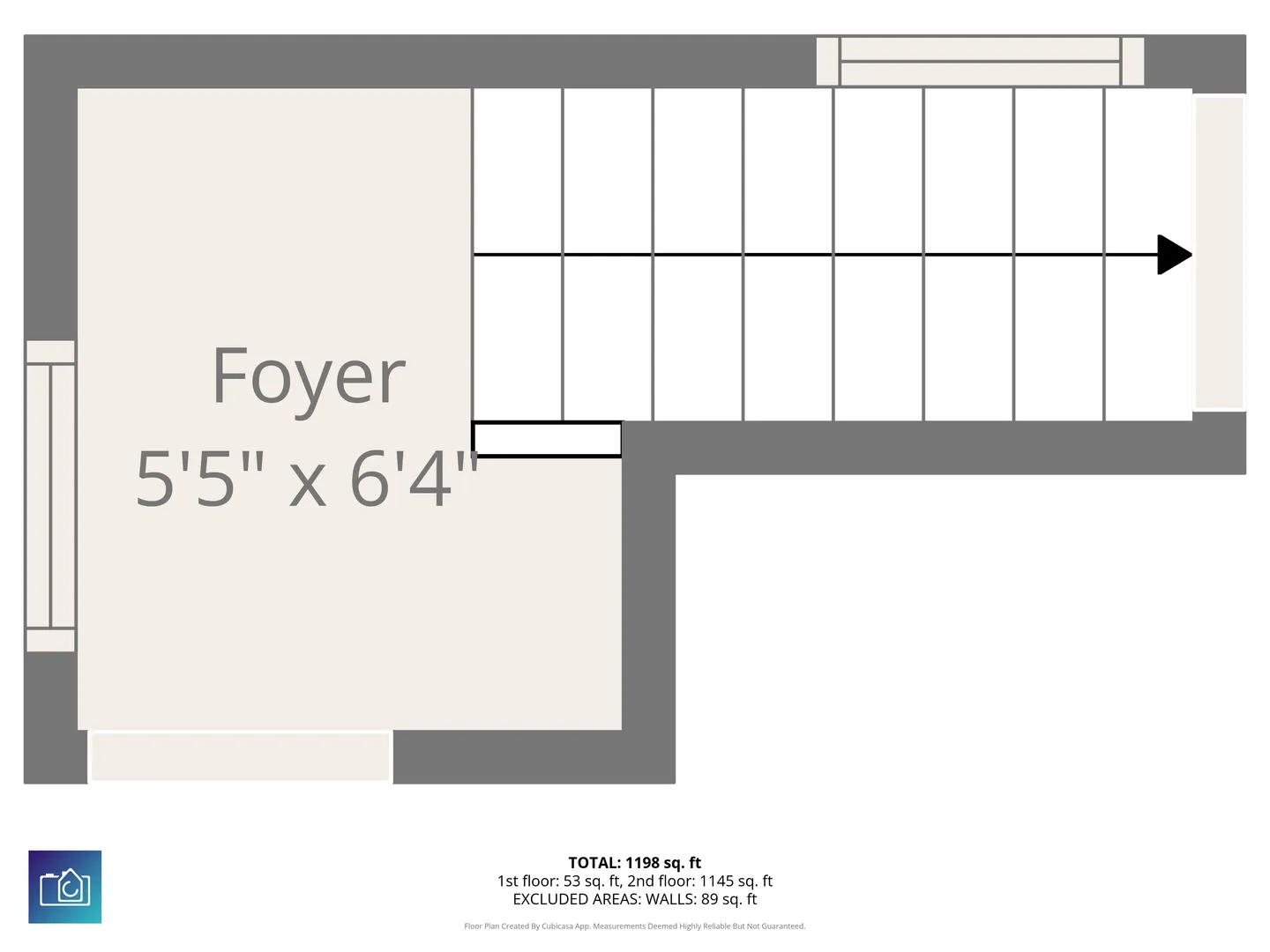 Floor plan diagram showing a small foyer and an adjacent staircase.