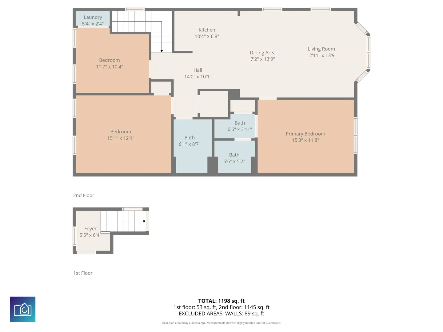 A 2D architectural floor plan diagram showing the first floor foyer and the detailed layout of the second floor.