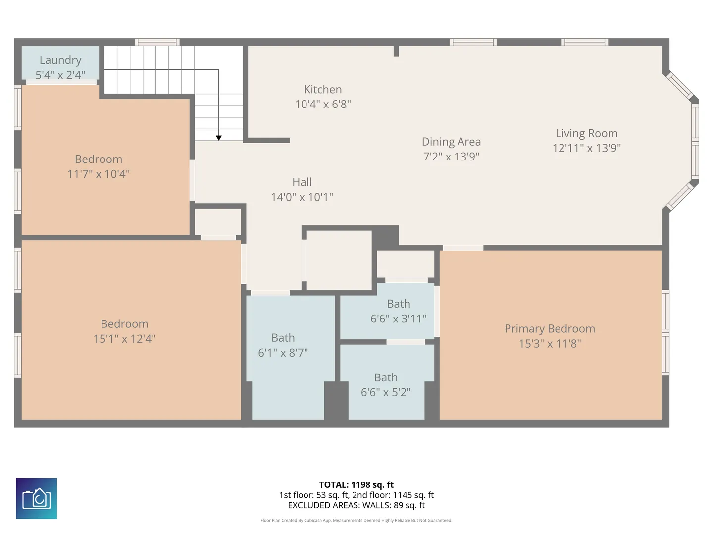 2D architectural floor plan diagram displaying the layout of bedrooms, bathrooms, kitchen, dining area, and living room.