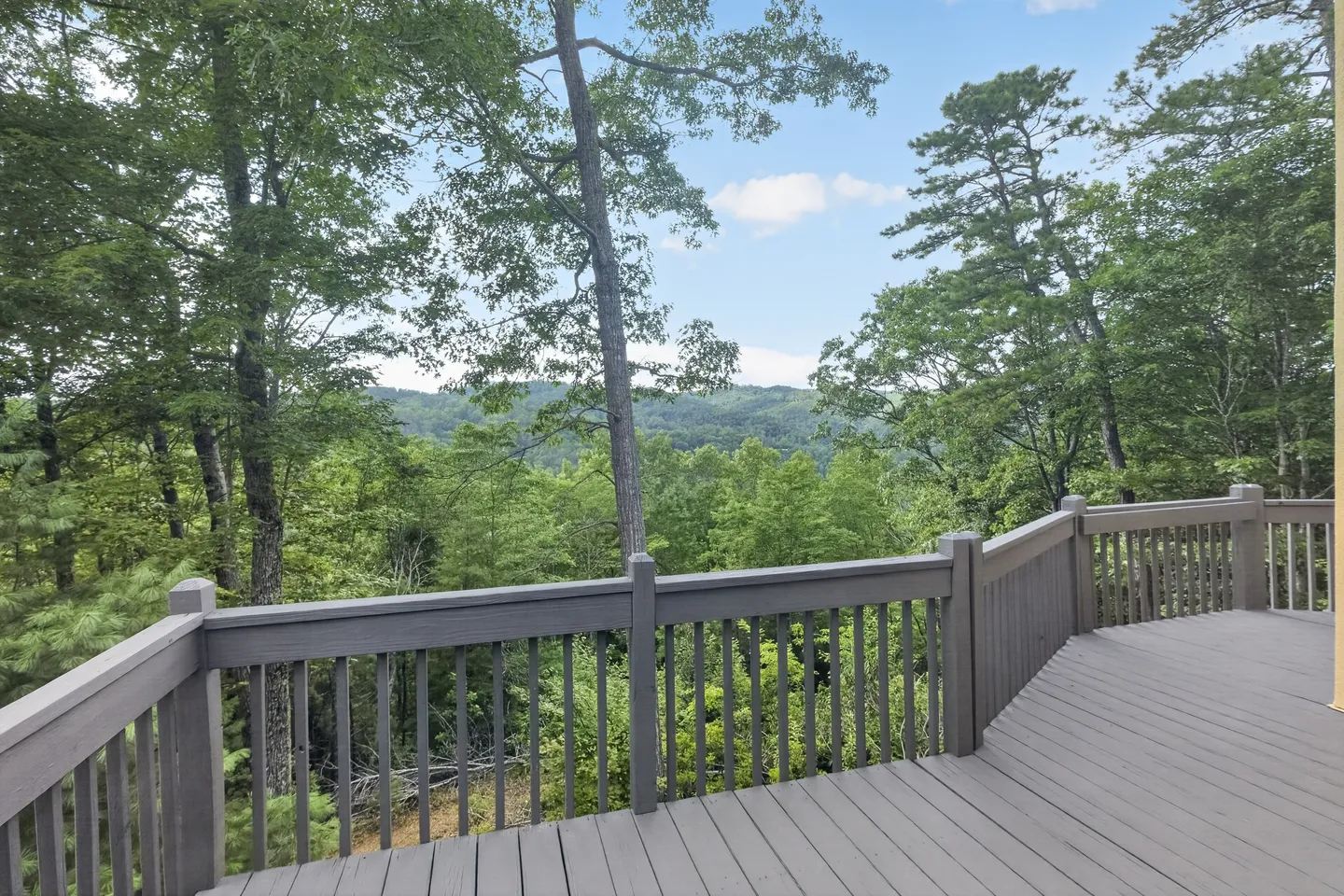 Outdoor deck with gray railings overlooking a dense green forest and distant hills under a partly cloudy sky.