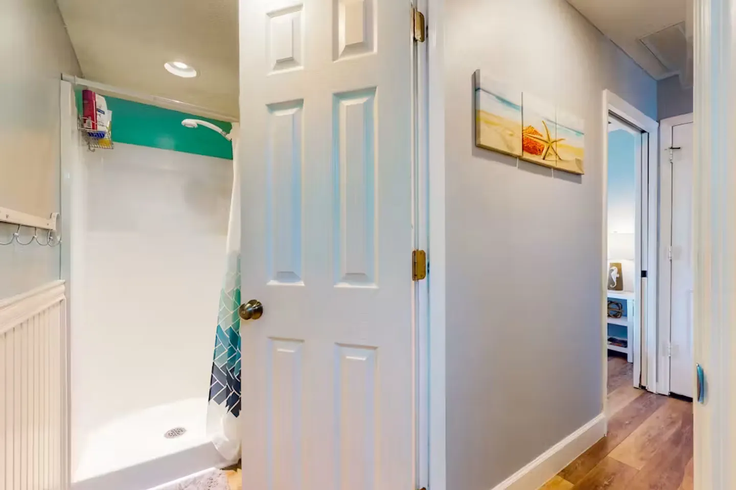 A partially open bathroom door showing a walk-in shower stall with white walls and a teal accent.