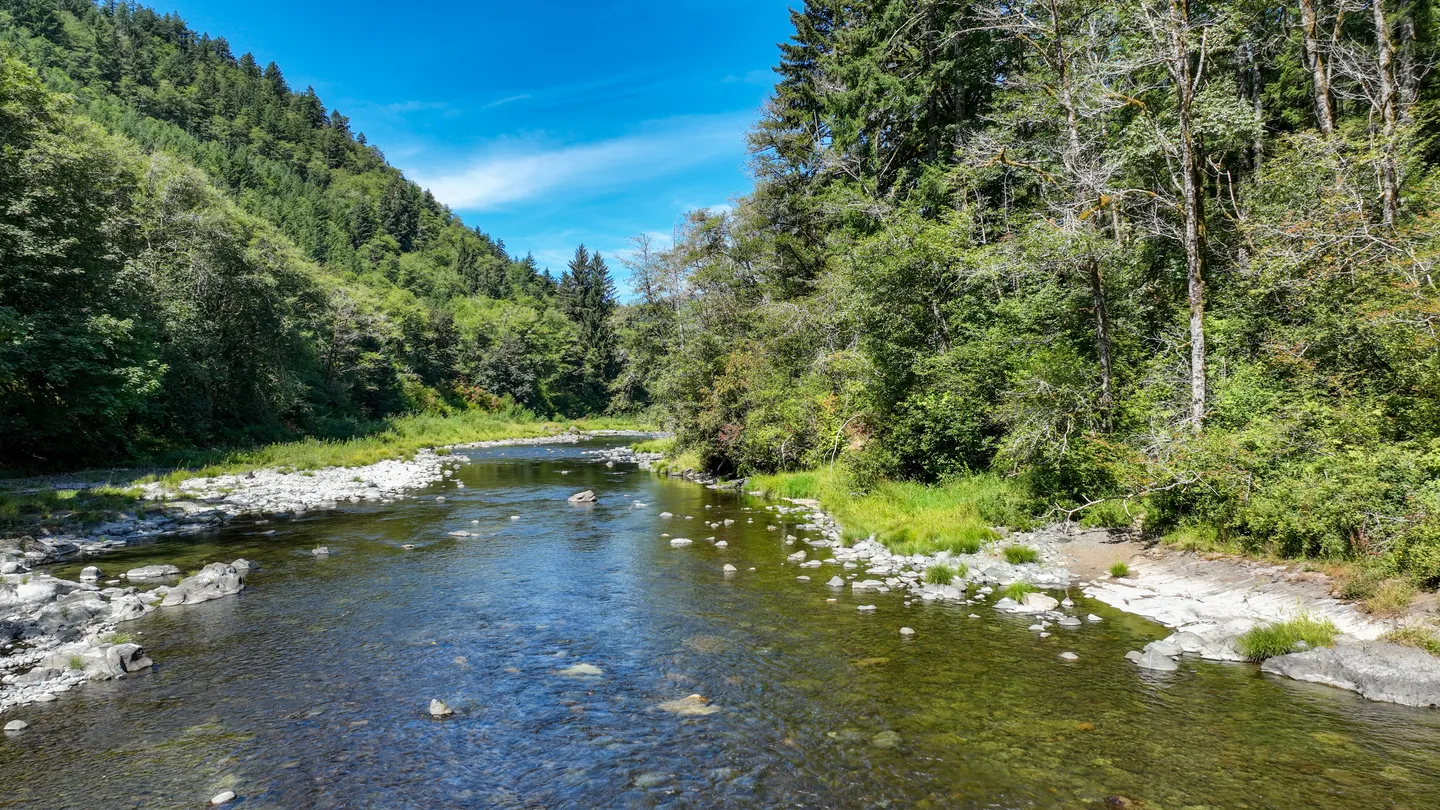 A wide, shallow river flowing over rocky beds flanked by lush green forested hills and trees under a clear blue sky.