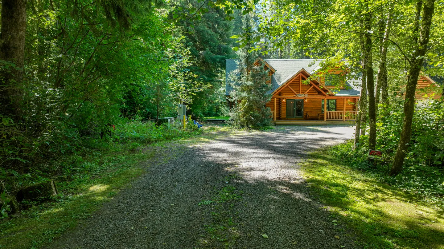 A gravel driveway leading through tall green trees toward a log cabin style home.