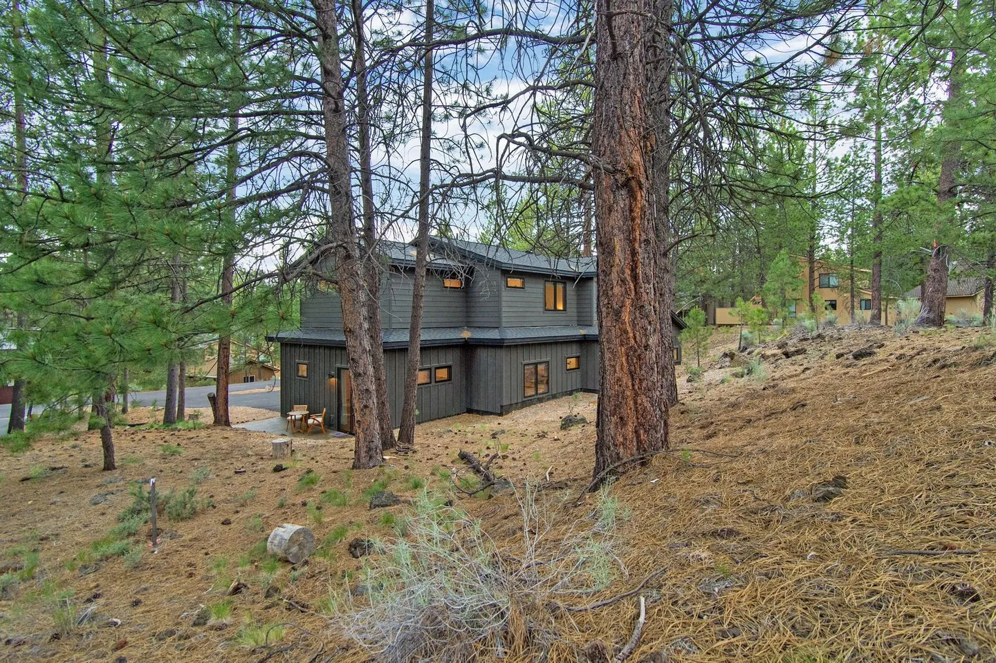 Exterior of a two-story dark siding home nestled among tall pine trees on a pine-needle covered hillside.