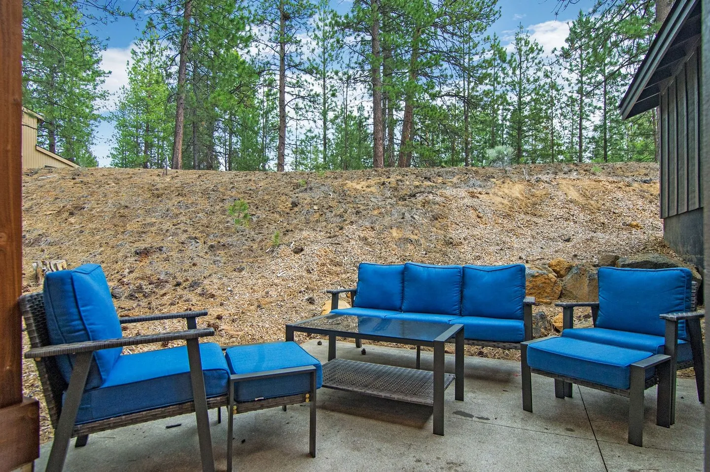 Outdoor concrete patio with bright blue cushioned wicker seating, a coffee table, and an ottoman, set against an earthen slope bordered by tall pine trees.