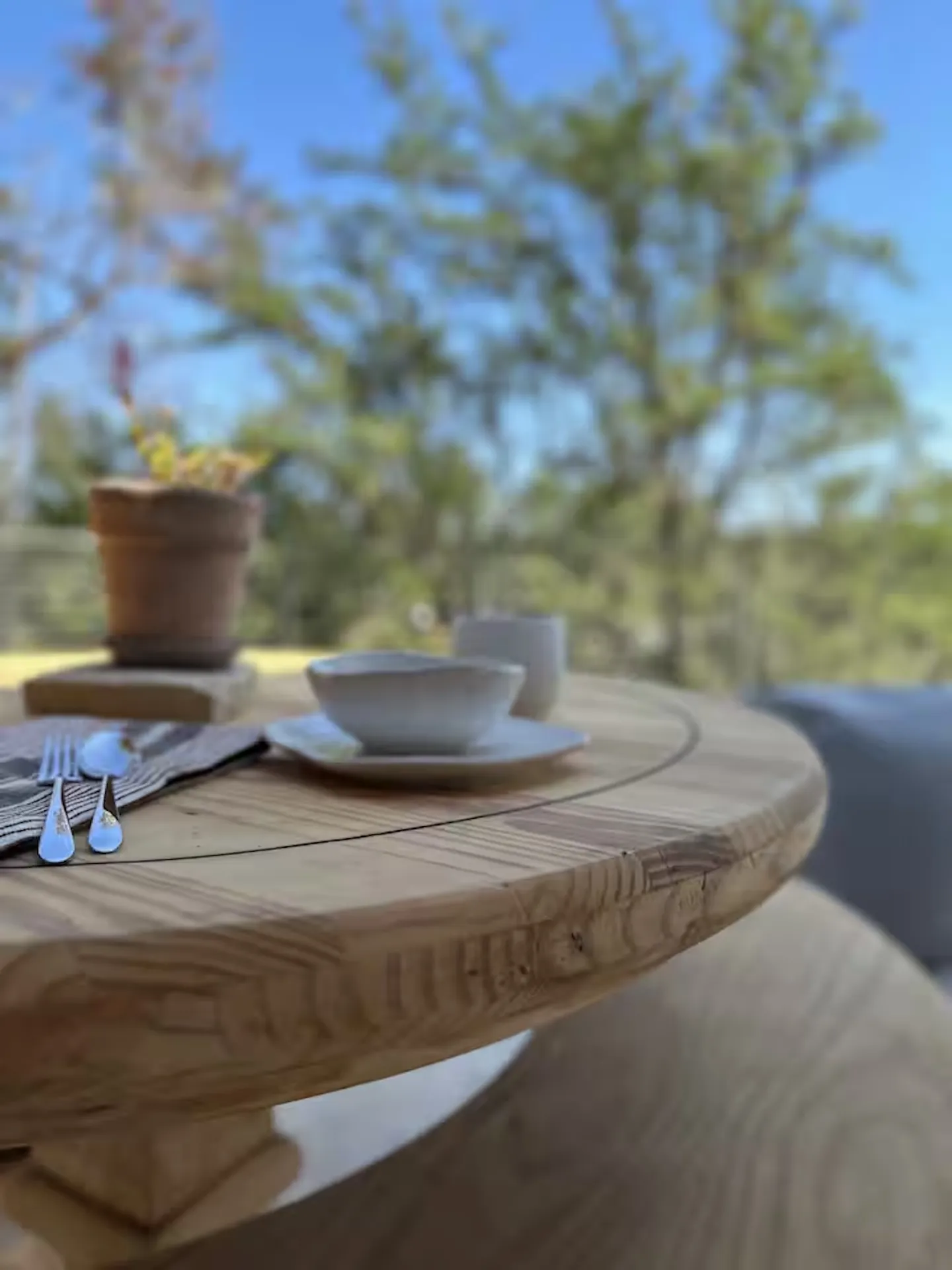 Close-up of an outdoor round wooden dining table set with dishes, silverware, and a potted plant, with trees and blue sky blurred in the background.