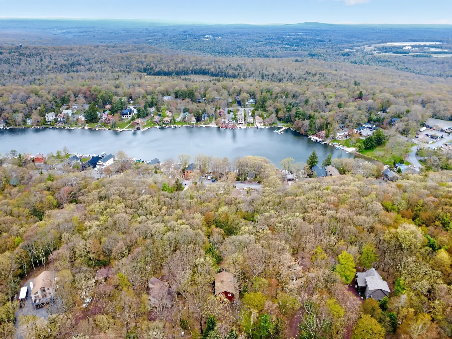 High aerial view of a lake lined with houses and surrounded by dense forest under a blue sky.