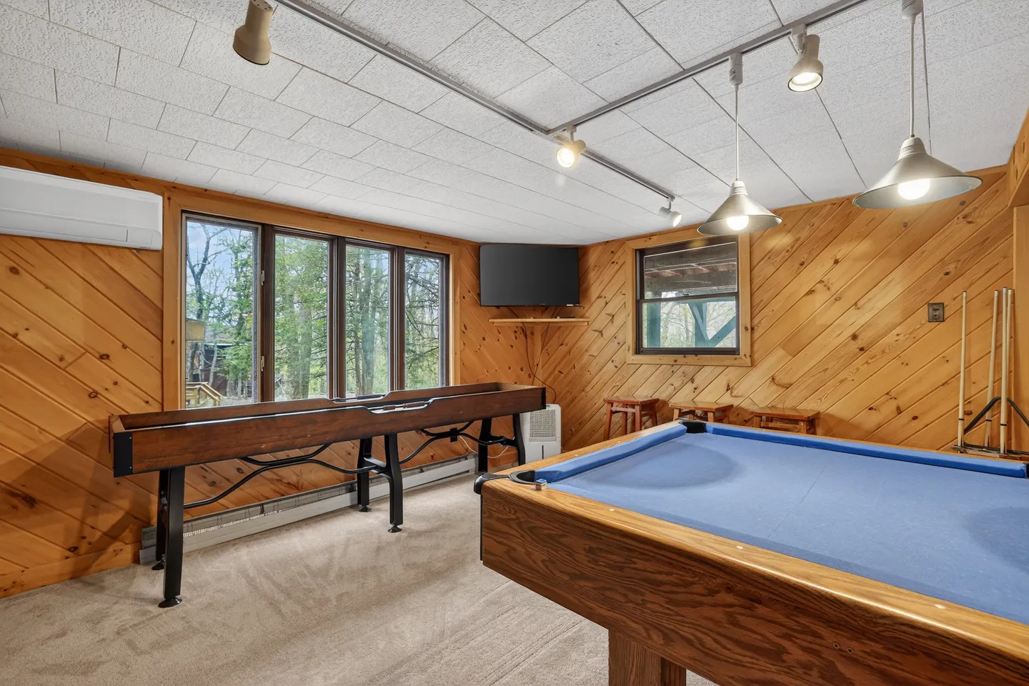 Game room featuring wood-paneled walls, a blue-felt pool table, a shuffleboard table, and carpeted floors.