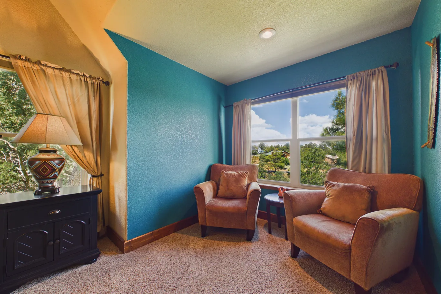 A cozy seating nook with teal walls, carpeted flooring, two armchairs, and a window with views of outdoor hills and trees.