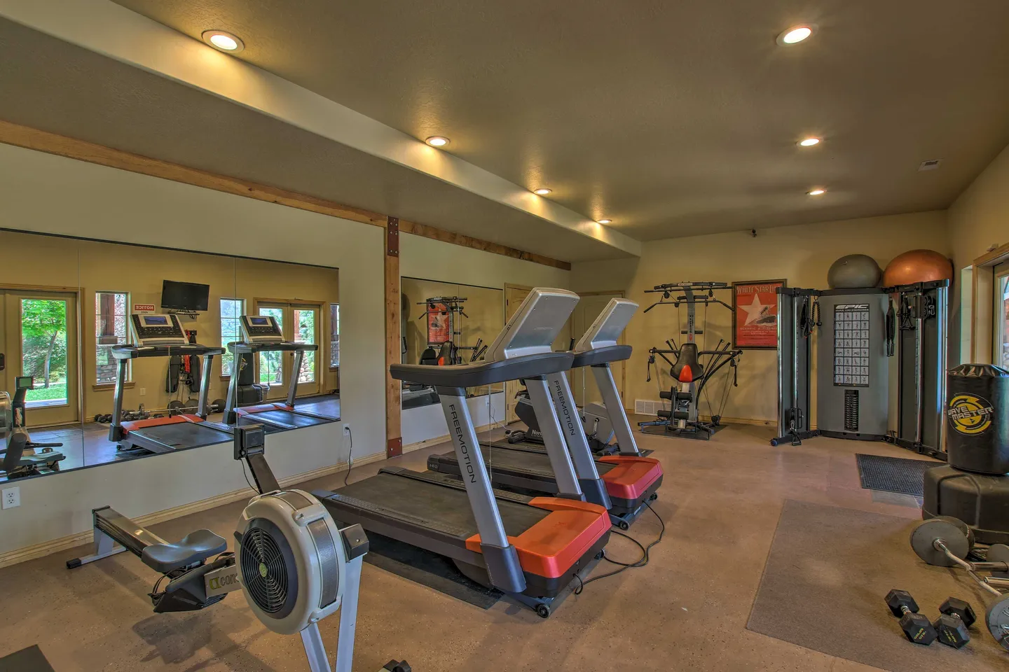 Indoor home gym equipped with treadmills, a rowing machine, weight equipment, and a large wall mirror.