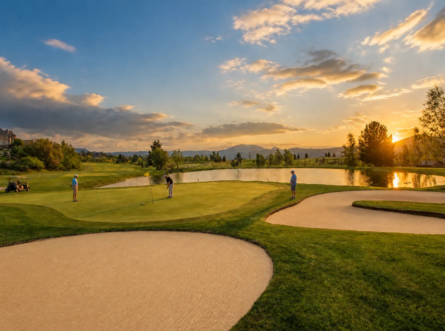 Golfers on a green next to sand bunkers and a water hazard at sunset with mountains in the background.