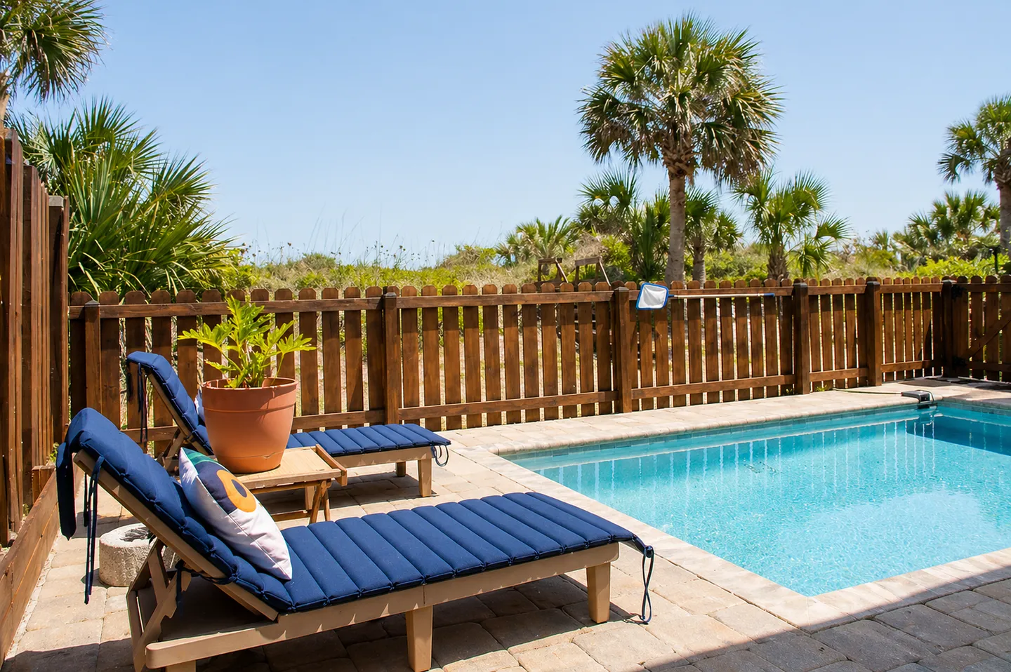 Outdoor swimming pool and patio with cushioned lounge chairs against a wooden fence with palm trees beyond.