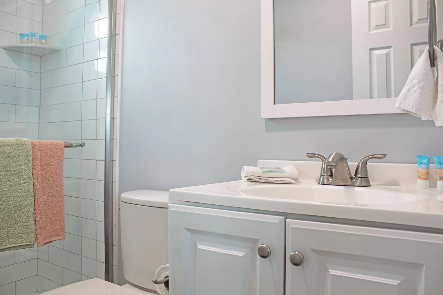 Bathroom featuring a white vanity, framed mirror, toilet, and tiled walk-in shower with glass door.