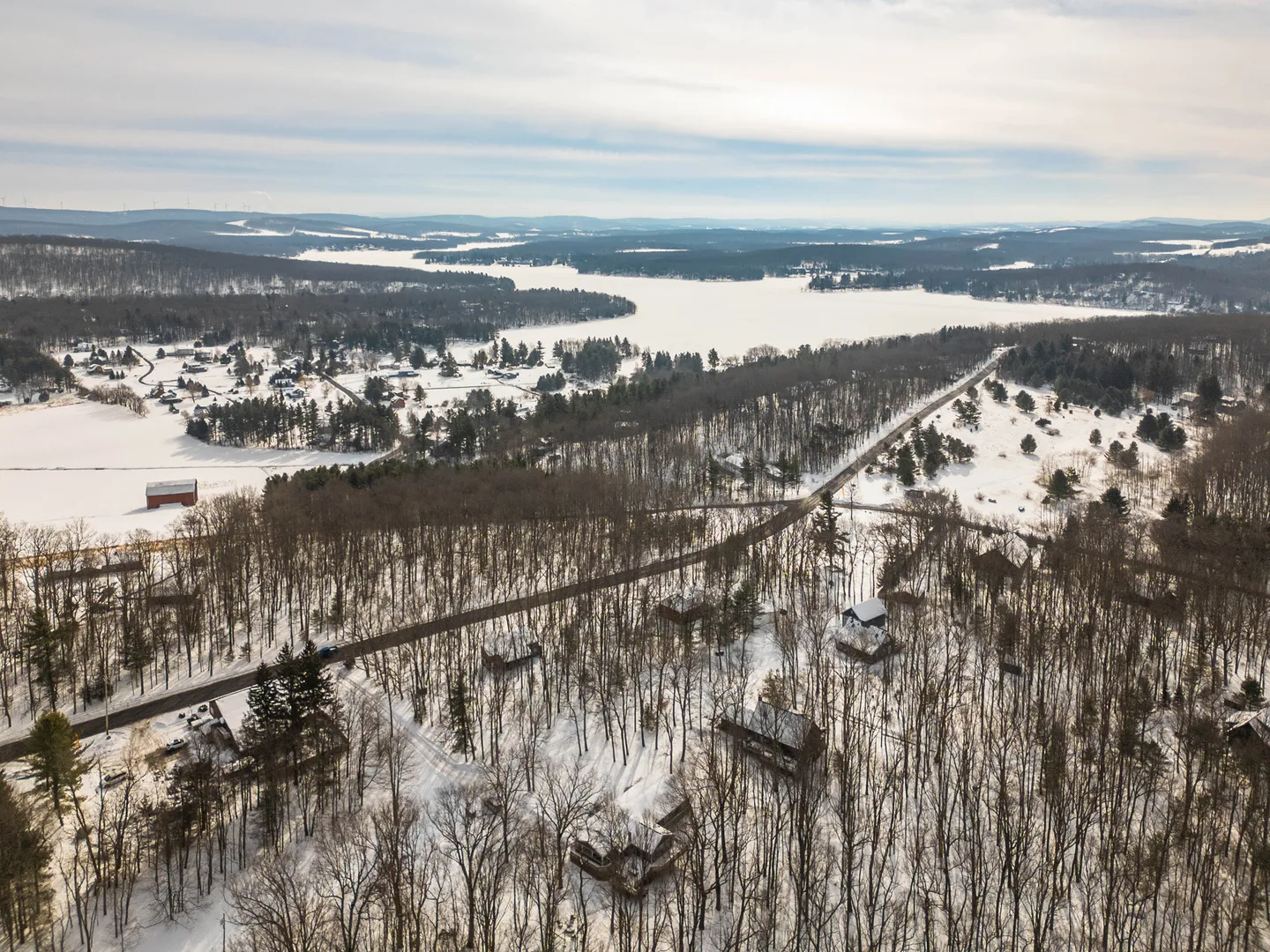 Aerial view of a snow-covered wooded neighborhood with houses nestled among bare trees leading toward a frozen lake in the distance.