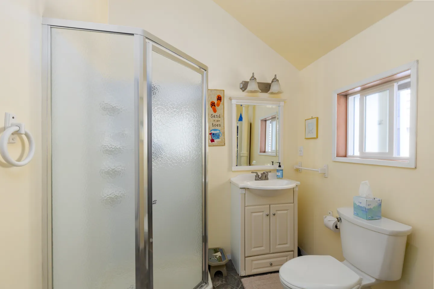 Bathroom with a corner shower stall, vanity sink with mirror, toilet, and a small window.