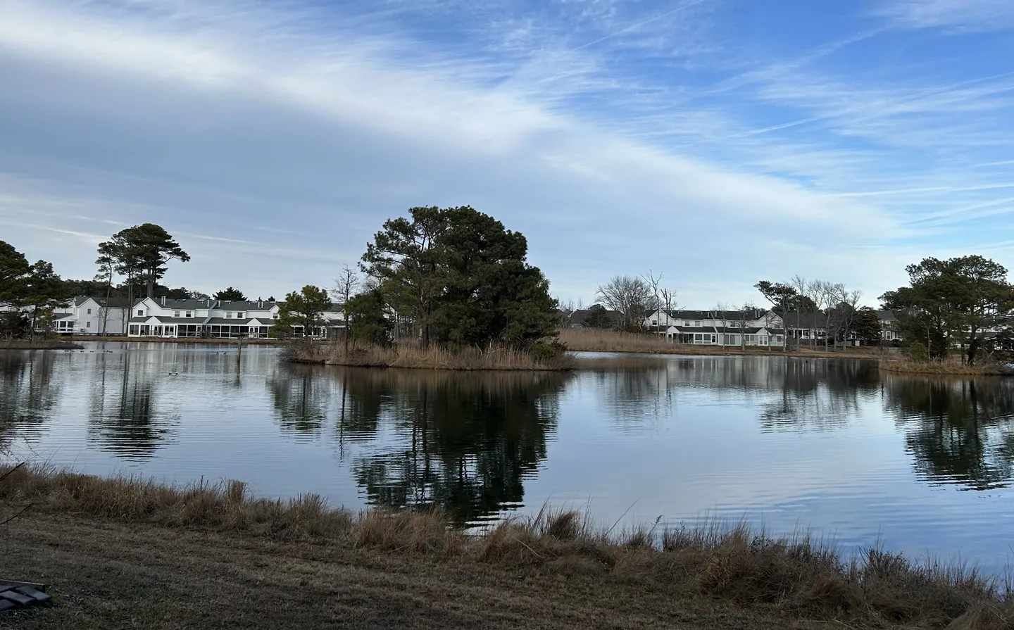 A calm lake reflecting surrounding trees and houses under a streaky blue sky.