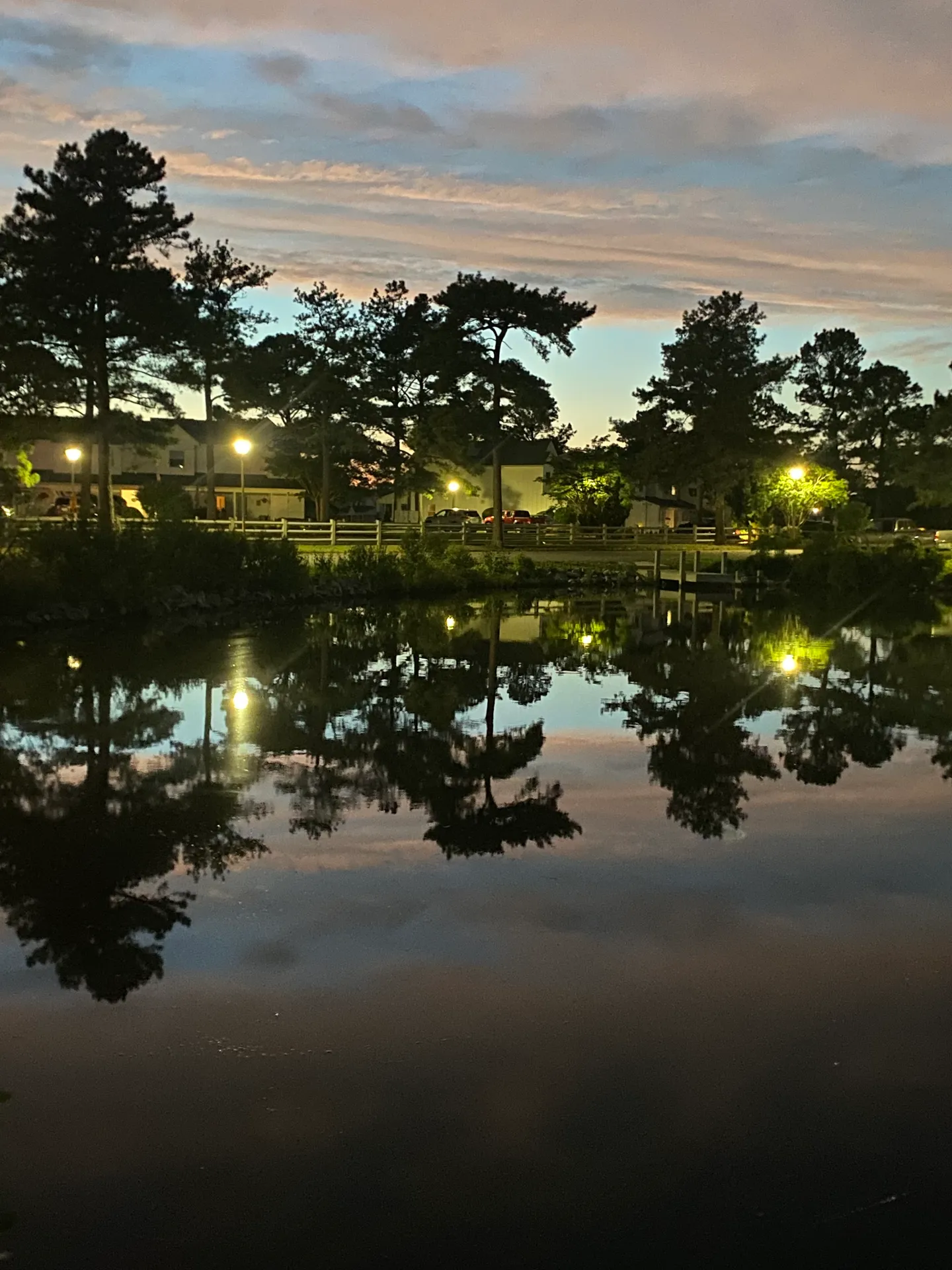 Calm body of water at dusk reflecting silhouette trees, glowing streetlights, and a pastel sunset sky.