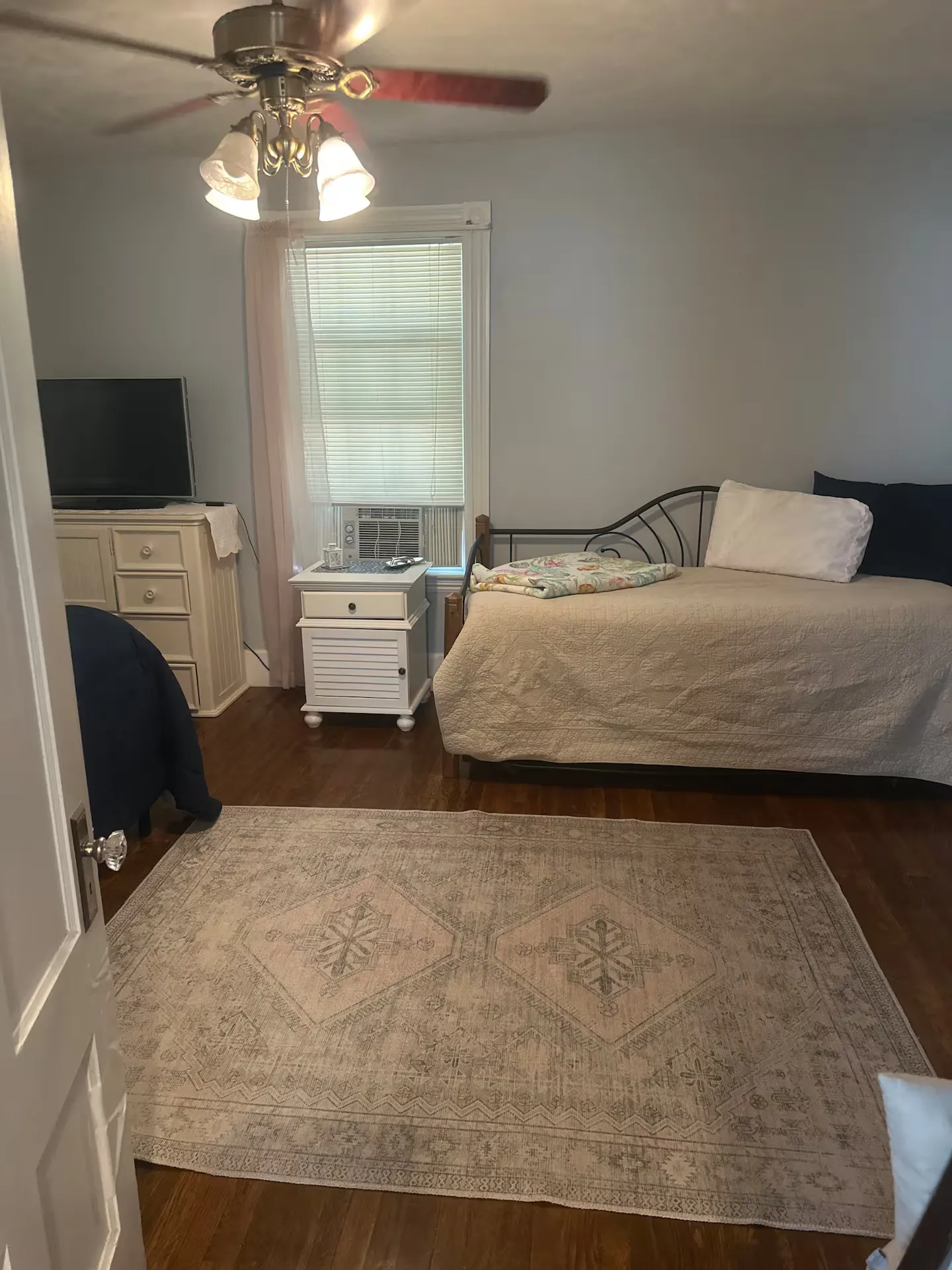 Bedroom viewed through an open doorway, featuring a patterned area rug on hardwood floors, a metal daybed, and a window with blinds and an air conditioning unit.