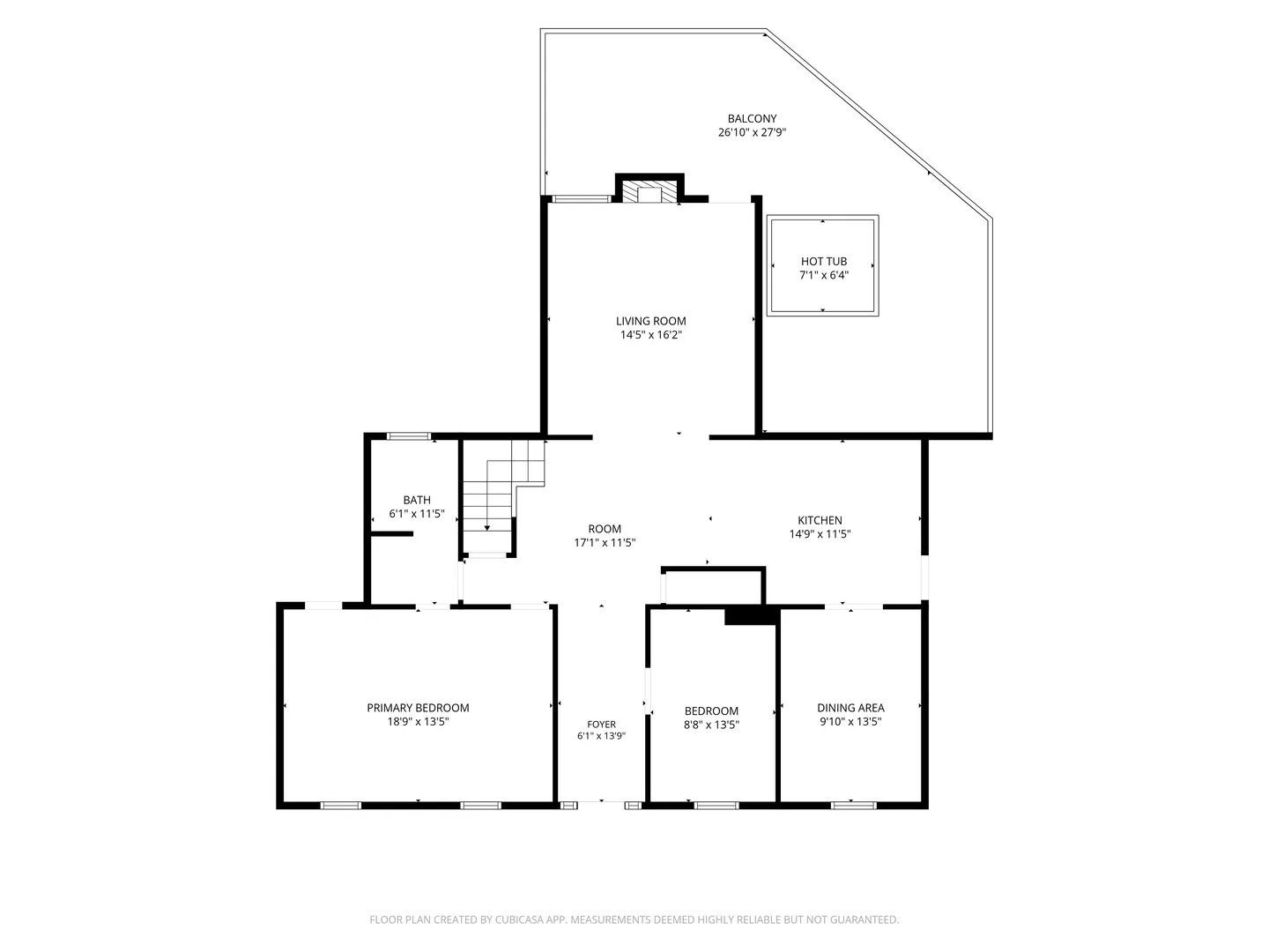 2D architectural floor plan diagram outlining the layout of the home including bedrooms, kitchen, living room, and balcony with hot tub.