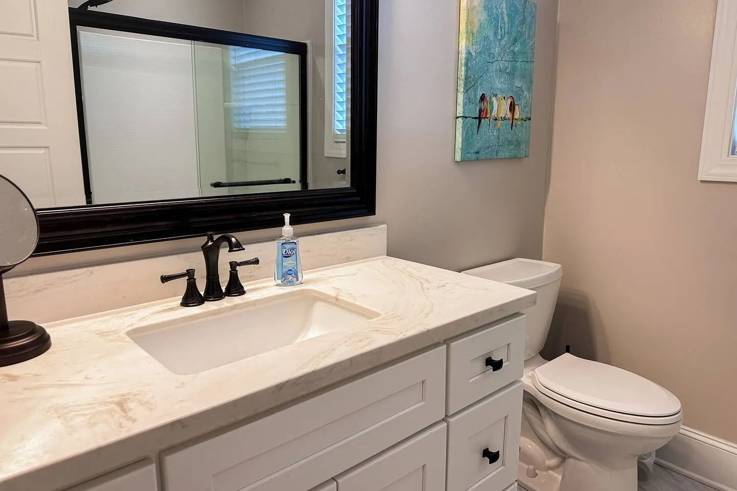 Bathroom with white vanity, light marbled countertop, dark framed mirror, and toilet beside a wall with bird artwork.
