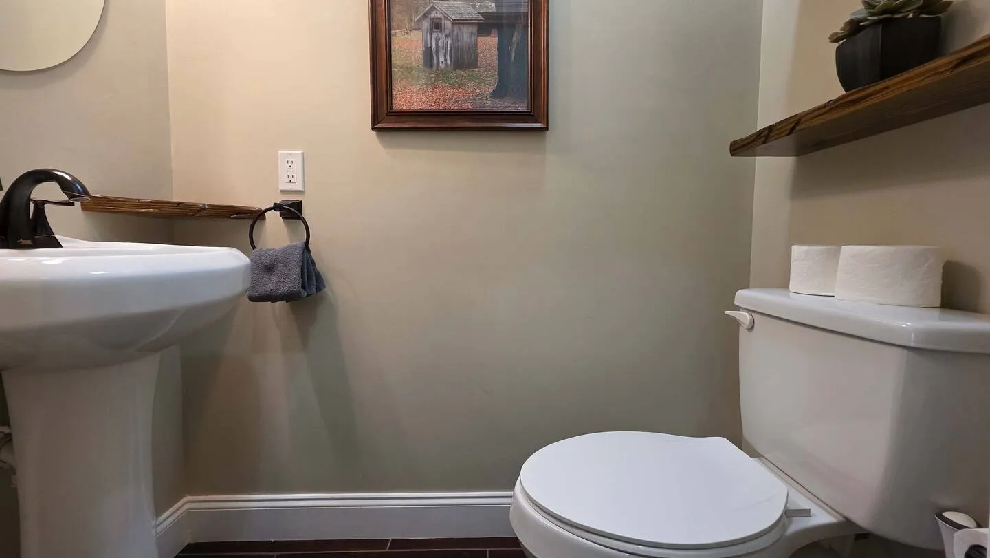 Powder room with a white pedestal sink, toilet, dark tile flooring, and rustic wooden shelves.