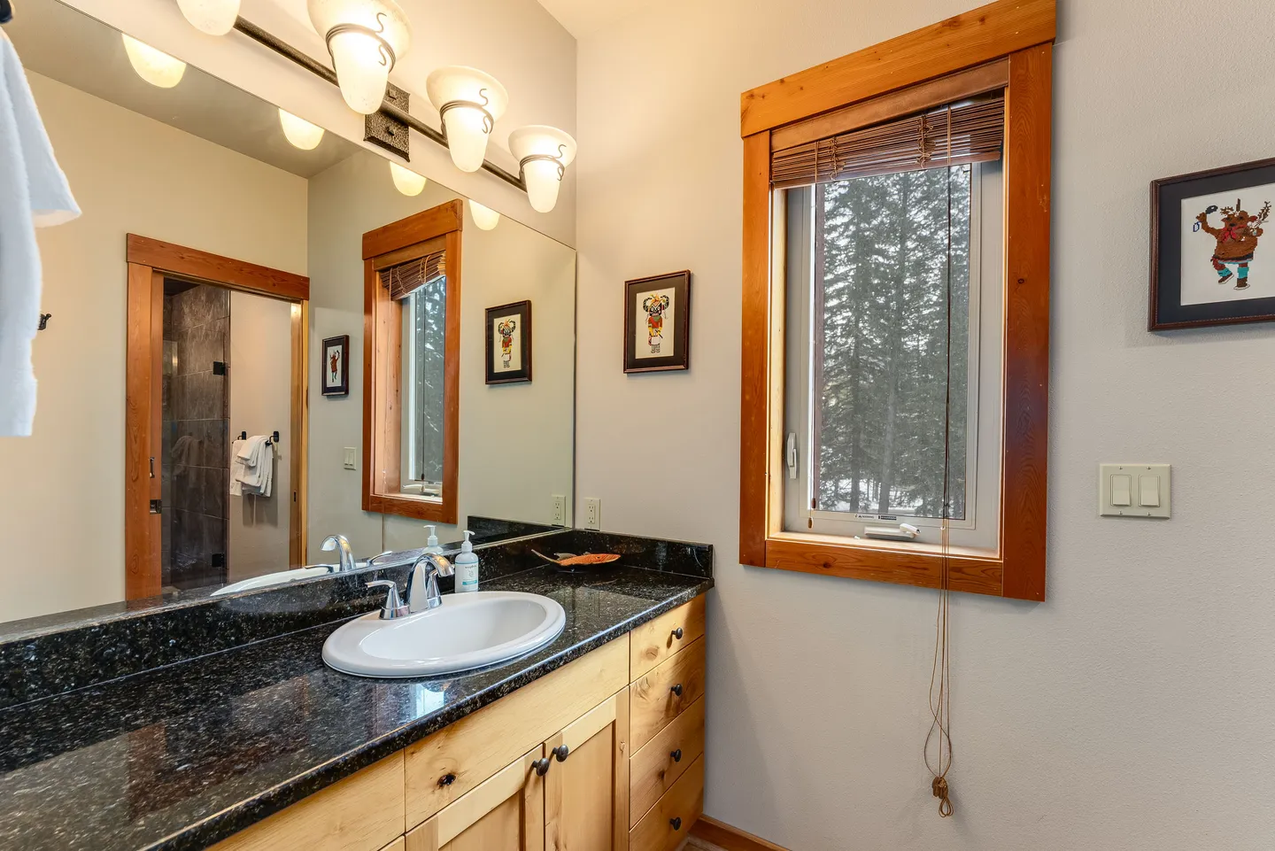 Bathroom vanity with a dark speckled countertop, light wood cabinets, and a framed window looking out to pine trees.