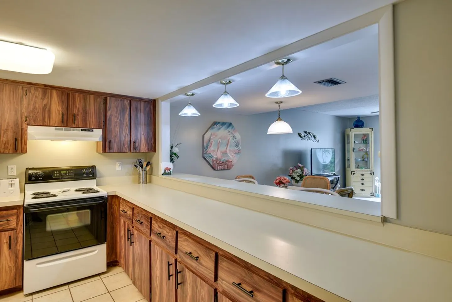 Kitchen with wood-look cabinets, an electric range, and a large pass-through opening looking into the living and dining areas.