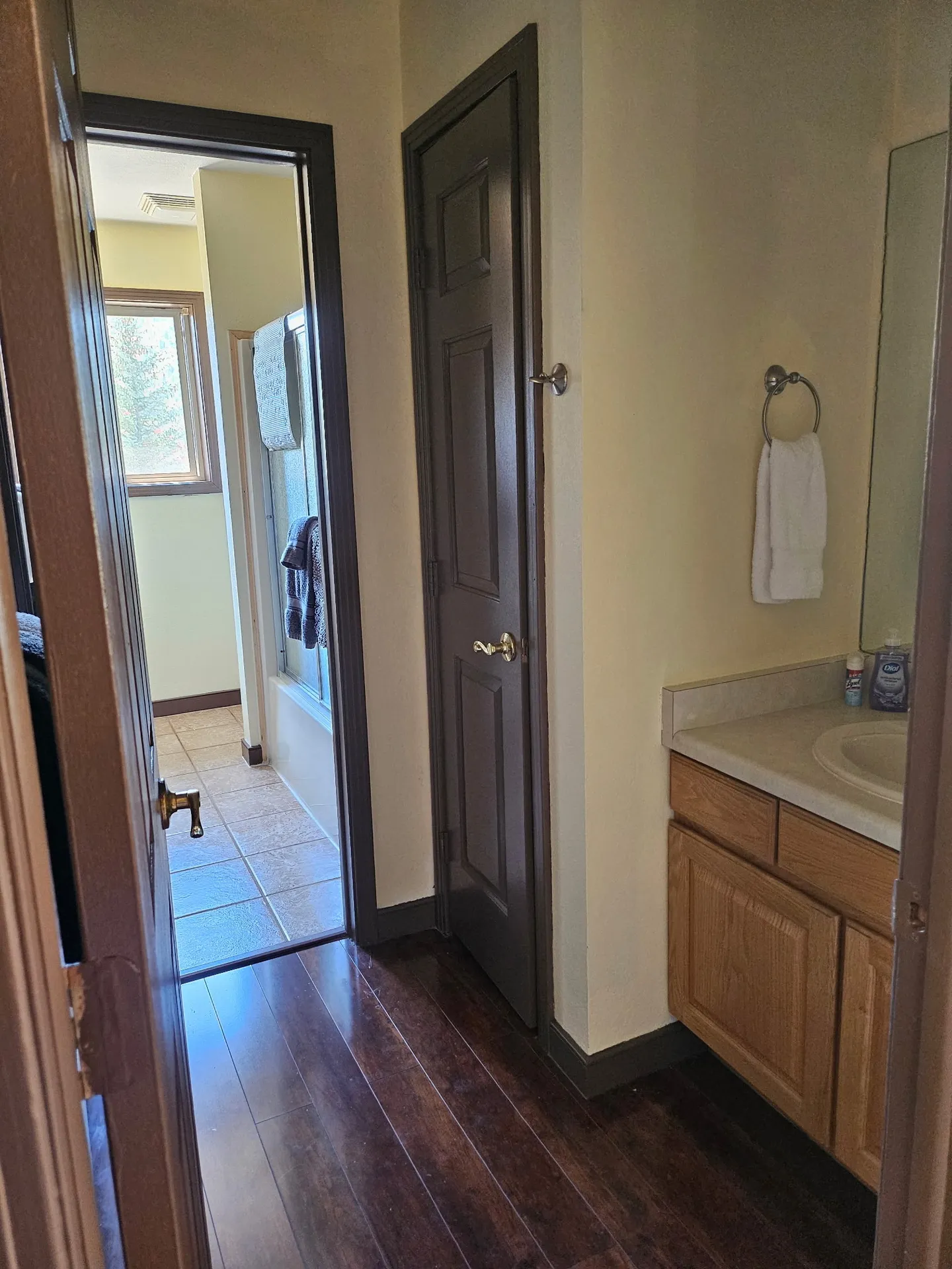 Bathroom vanity area with dark wood flooring leading into a tiled shower and tub space through an open doorway.