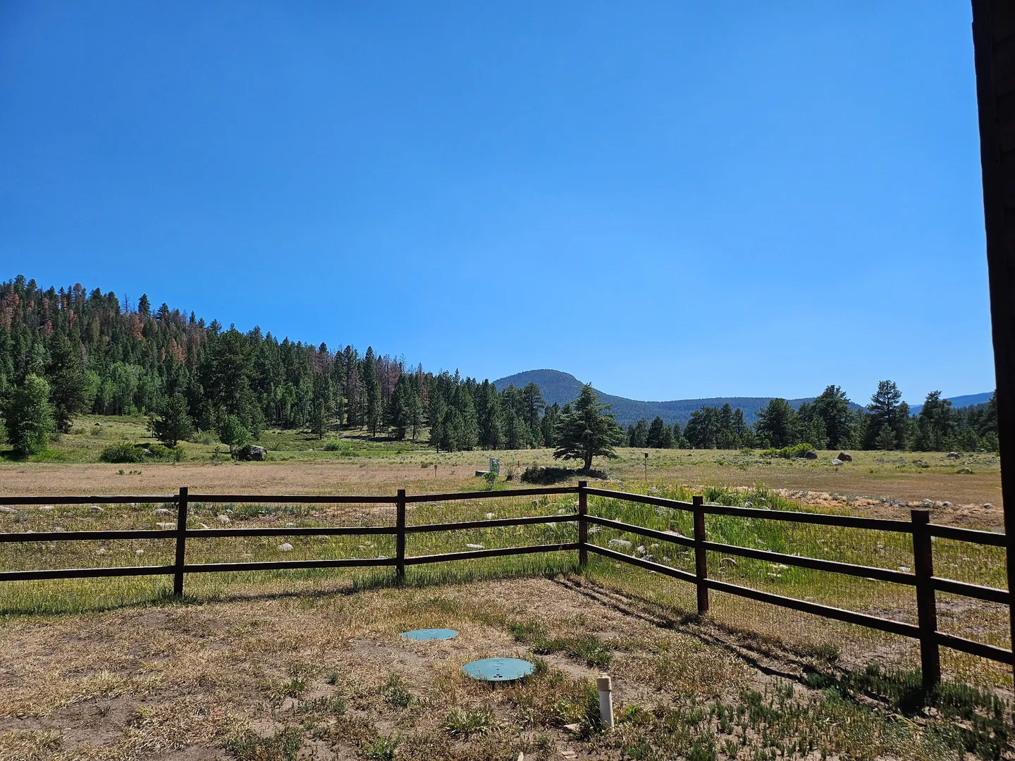 A wooden rail fence borders a dry yard overlooking a wide open field backed by pine-covered hills under a clear blue sky.