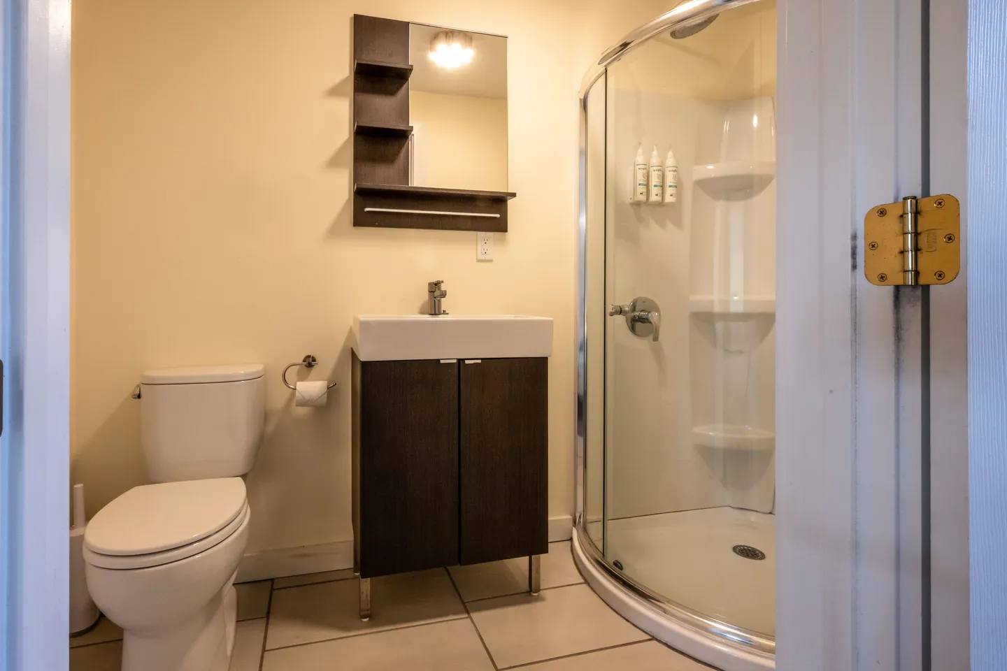 Bathroom with a toilet, small dark vanity sink, wall mirror with side shelving, and a curved glass corner shower stall.