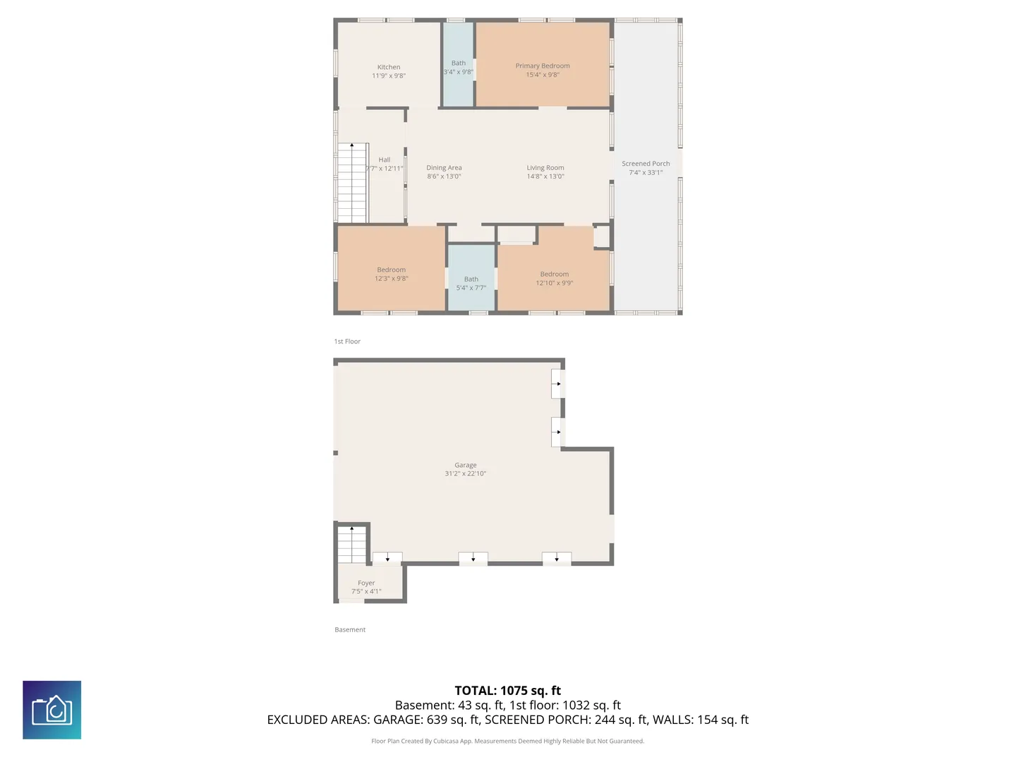 Floor plan diagram showing the layout of the first floor, basement foyer, garage, and screened porch with room dimensions and total square footage.