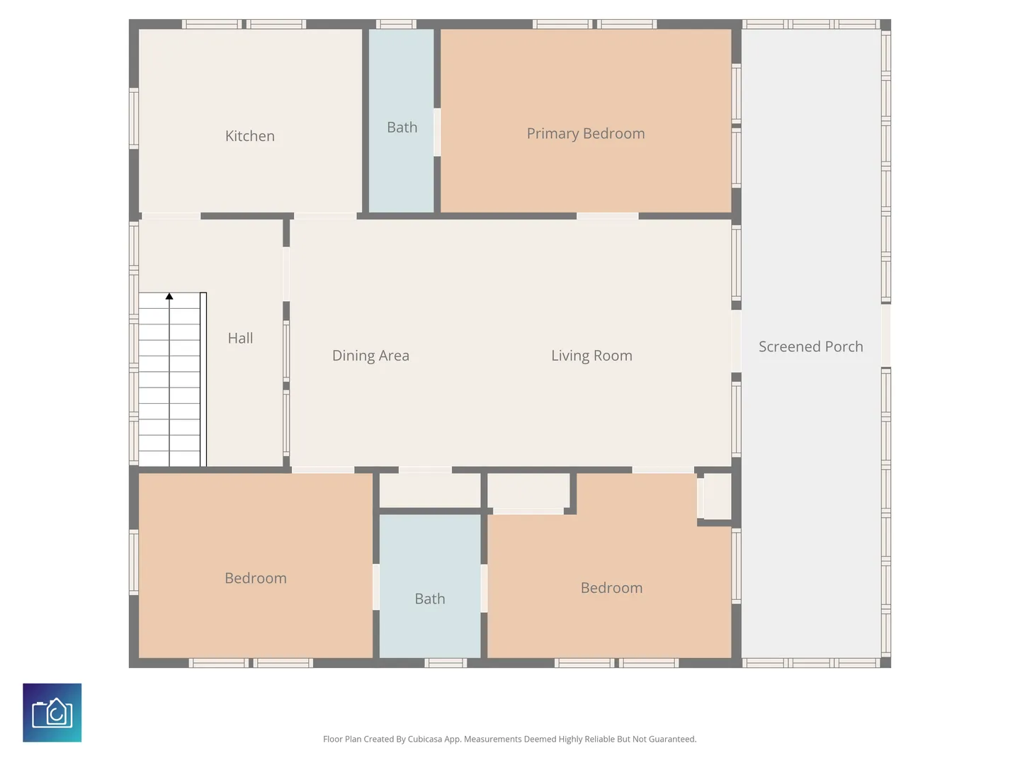 2D architectural floor plan diagram showing the layout of the home including bedrooms, bathrooms, living areas, kitchen, and a screened porch.
