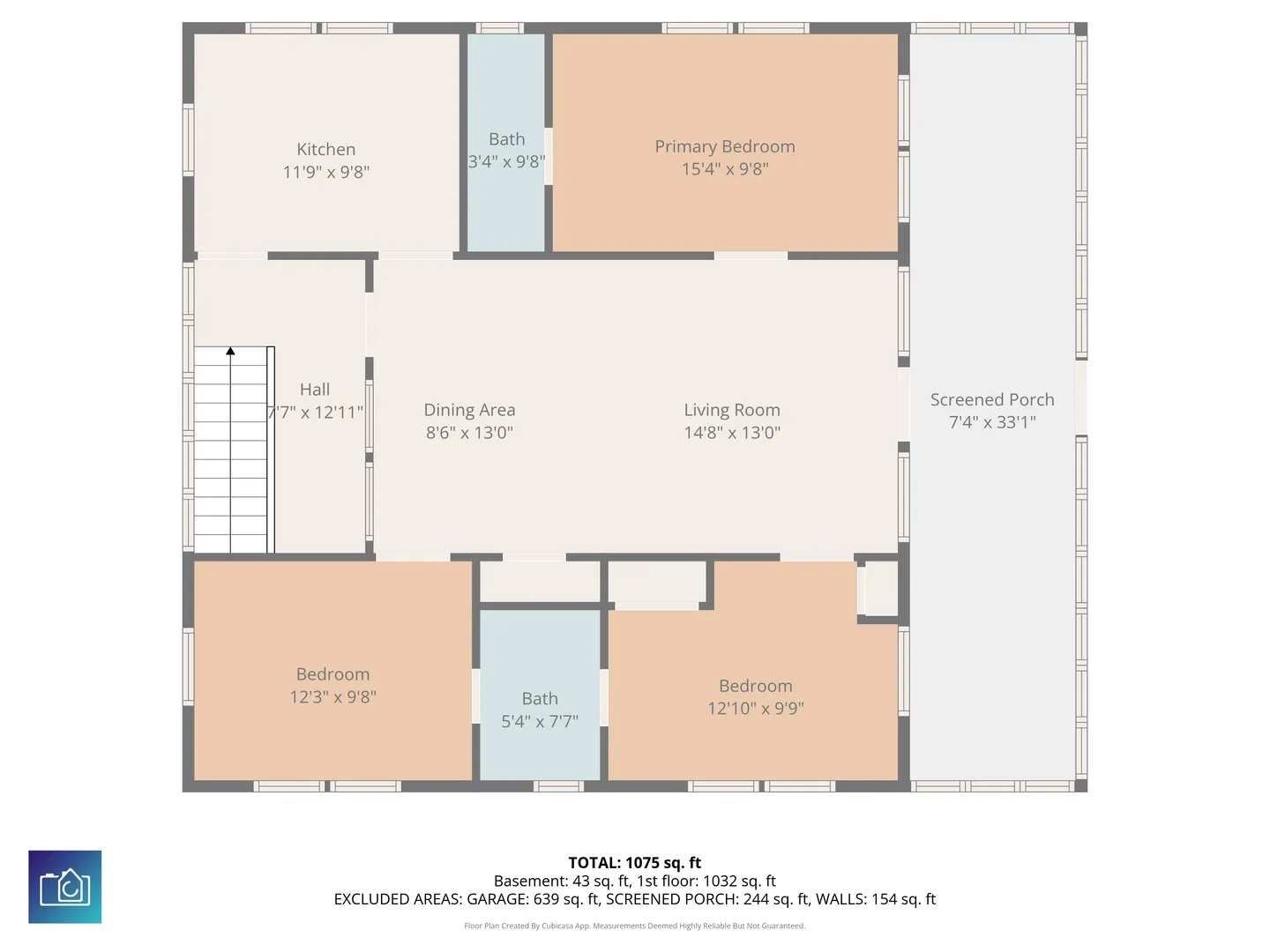 Floor plan diagram showing the layout of the home including bedrooms, bathrooms, living room, dining area, kitchen, and a screened porch.