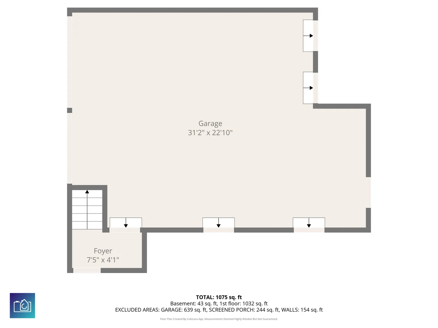 2D architectural floor plan diagram of a garage and foyer with stairs