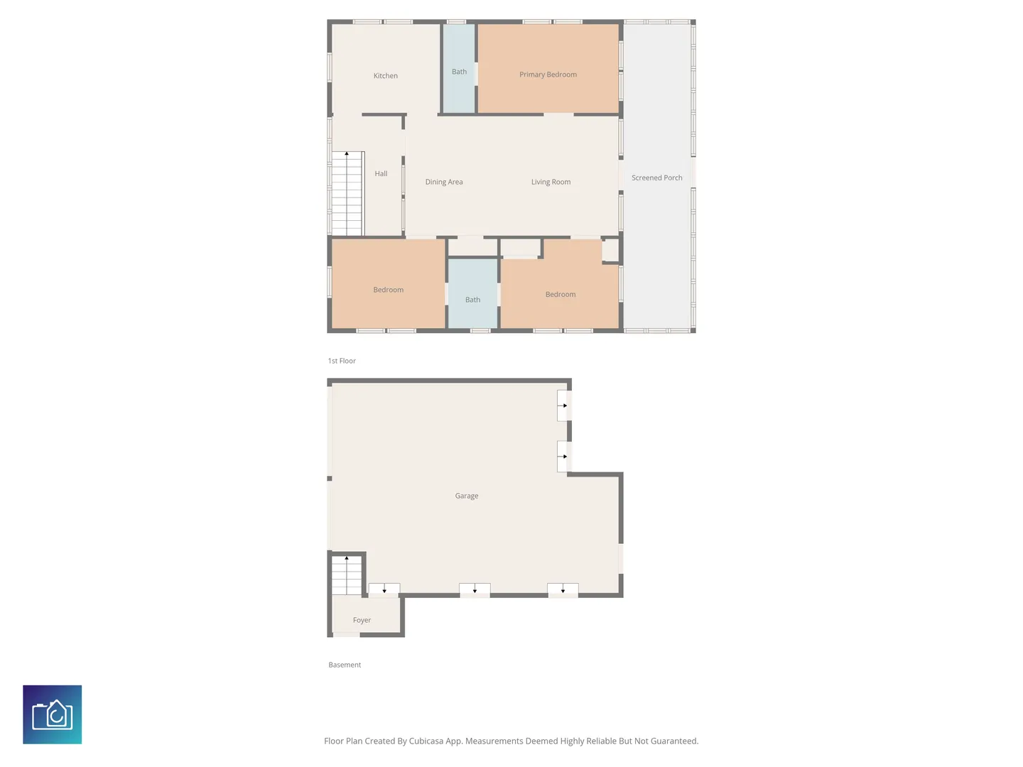 Architectural floor plan schematic displaying the 1st floor layout above a basement level with garage and foyer.
