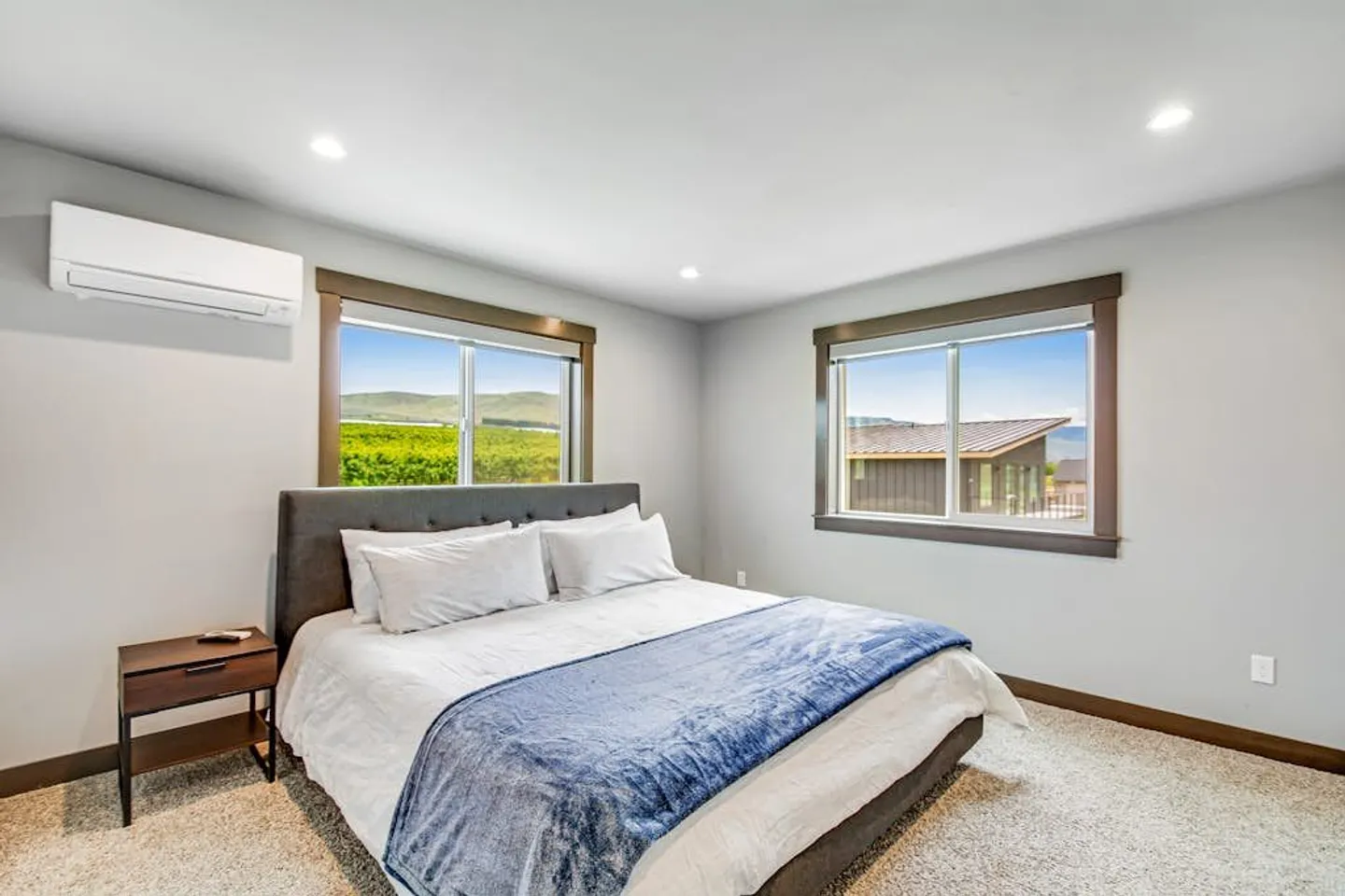 Bedroom with carpet, a large bed with a dark gray headboard, two windows showing outdoor scenery, and a wall-mounted mini-split unit.