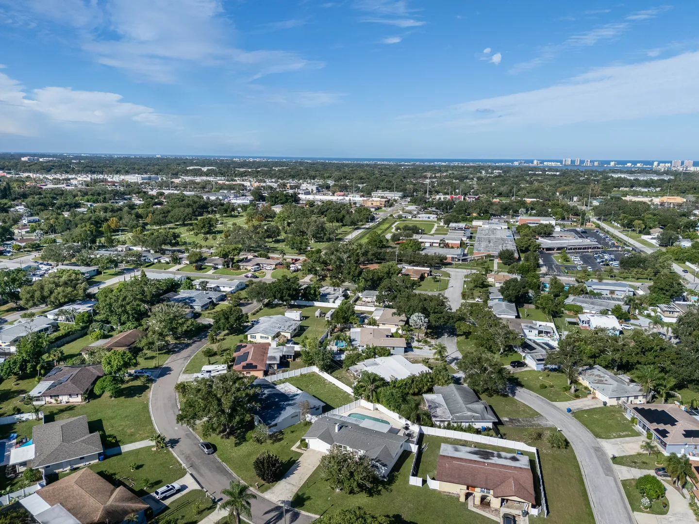High aerial view of a residential neighborhood with single-family homes, leafy trees, and distant views toward the horizon under a clear blue sky.