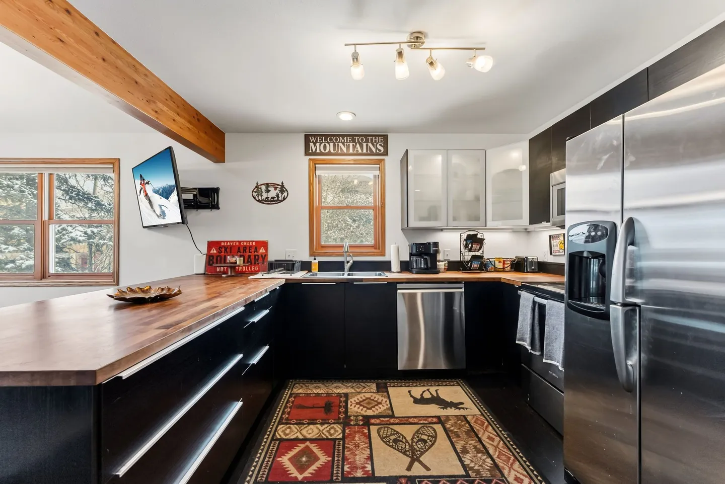 Kitchen with dark cabinetry, wood countertops, stainless steel appliances, and a wall-mounted TV.