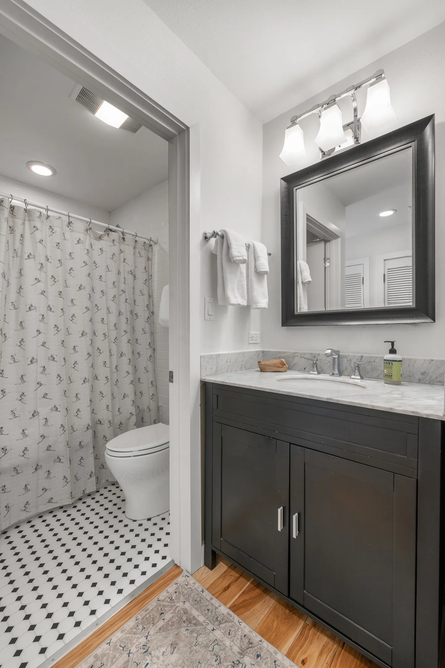 Bathroom vanity with a dark wood cabinet and marble countertop beside a doorway opening to a toilet and shower curtain.