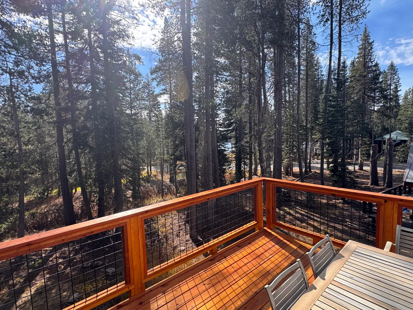 Sunlit wooden deck with wire mesh railings and outdoor dining furniture, surrounded by tall pine trees.
