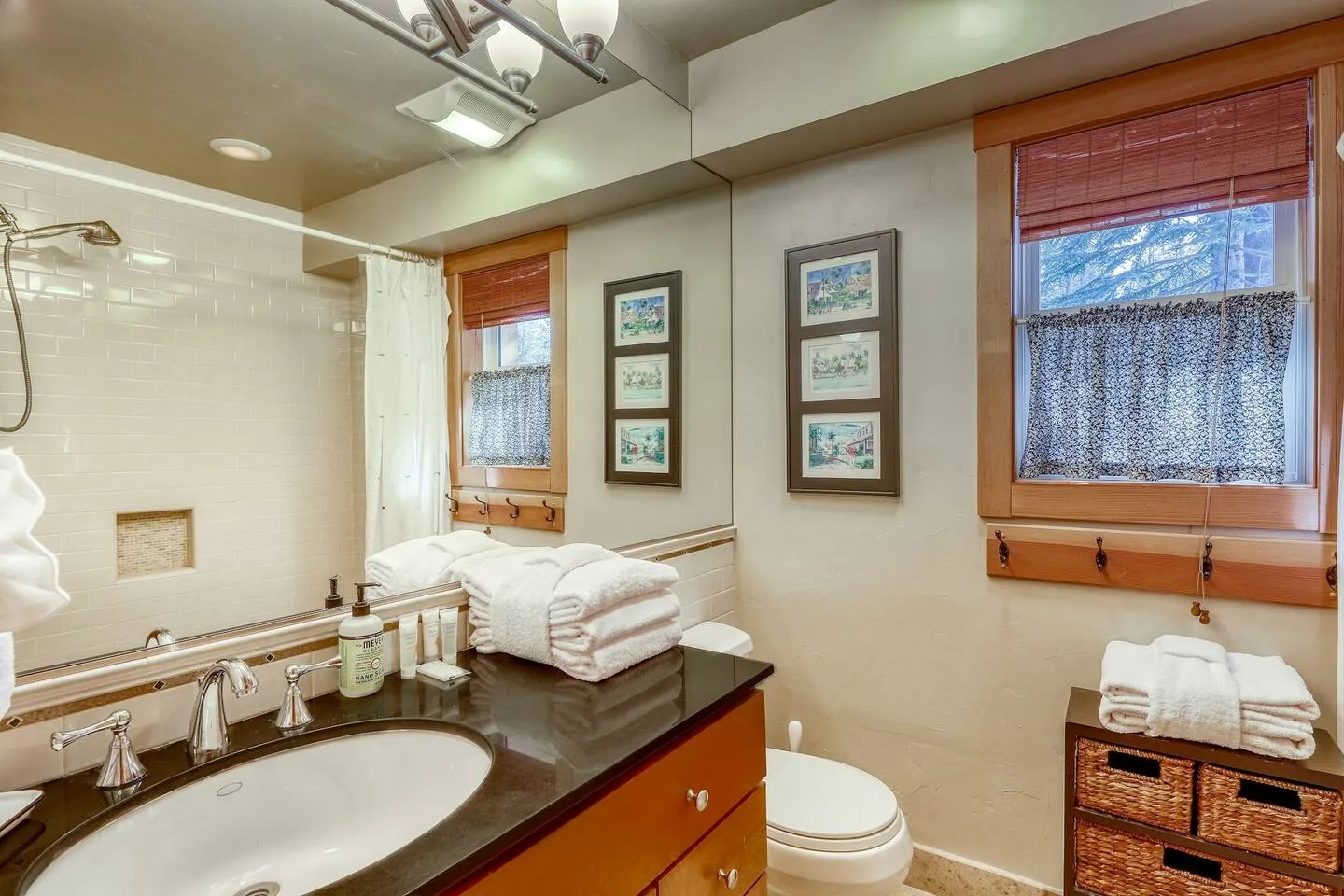 Bathroom with a dark countertop vanity, large mirror, toilet, and tiled shower area.
