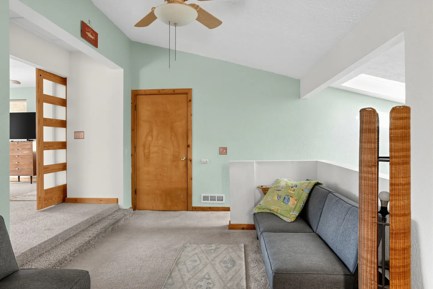 Sunken living room with light green walls, carpeted floors, a grey sofa, and steps leading to an adjacent room.