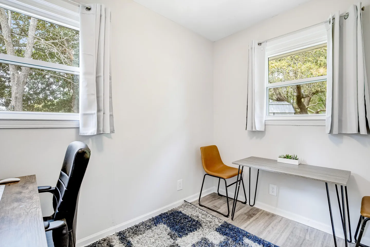 Dedicated workspace room featuring two desks, chairs, wood-style flooring, a blue and gray area rug, and two windows with white curtains.