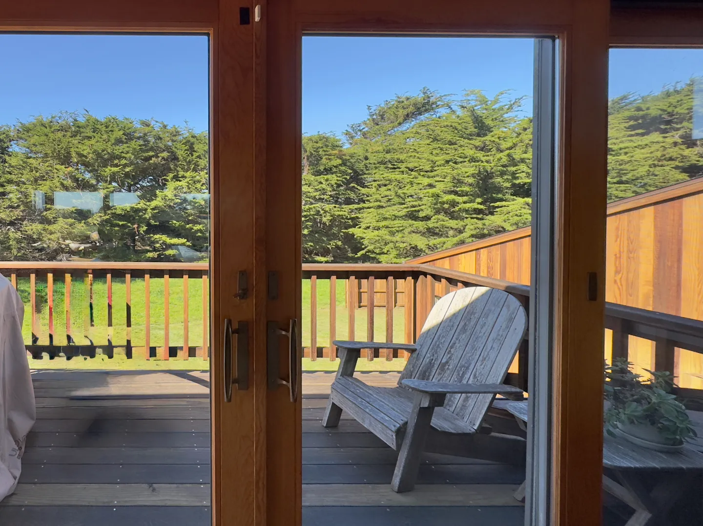 A view through glass sliding doors looking out onto a wooden deck with an Adirondack-style bench and lush green trees beyond.
