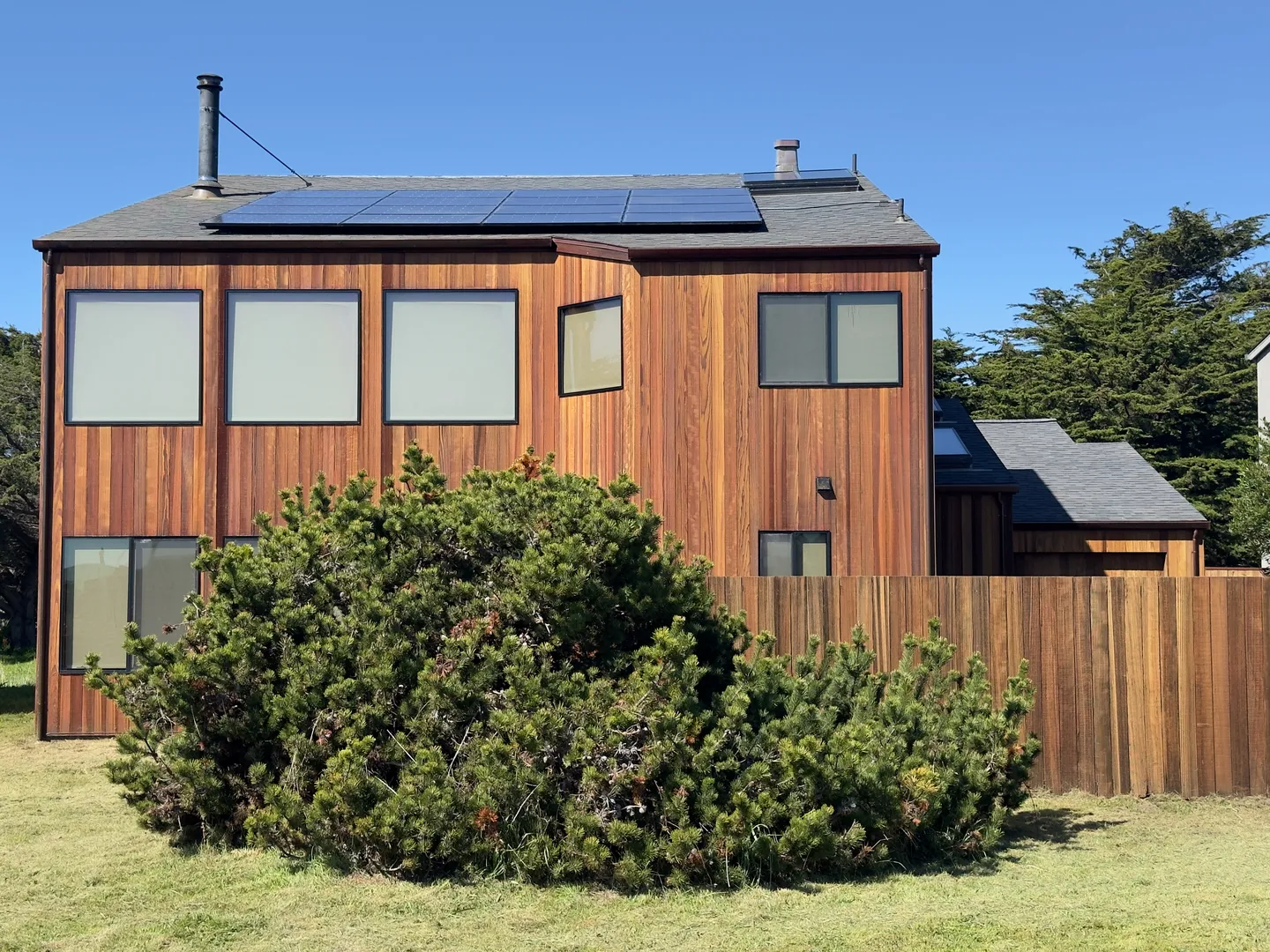 Exterior of a two-story wood-sided home with large windows, rooftop solar panels, a wooden privacy fence, and a large evergreen shrub in the yard under a clear blue sky.