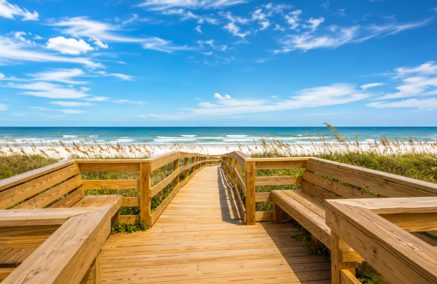 Wooden boardwalk with built-in benches leading over sand dunes toward the ocean under a blue sky.