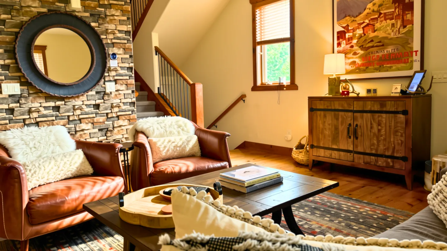 Living room seating area with two leather armchairs, a stone accent wall, coffee table, and wooden credenza near a staircase.