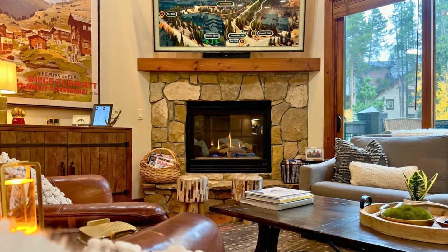 Living room featuring a stone fireplace with a wooden mantel, a mounted TV displaying a resort map, and comfortable seating around a coffee table.